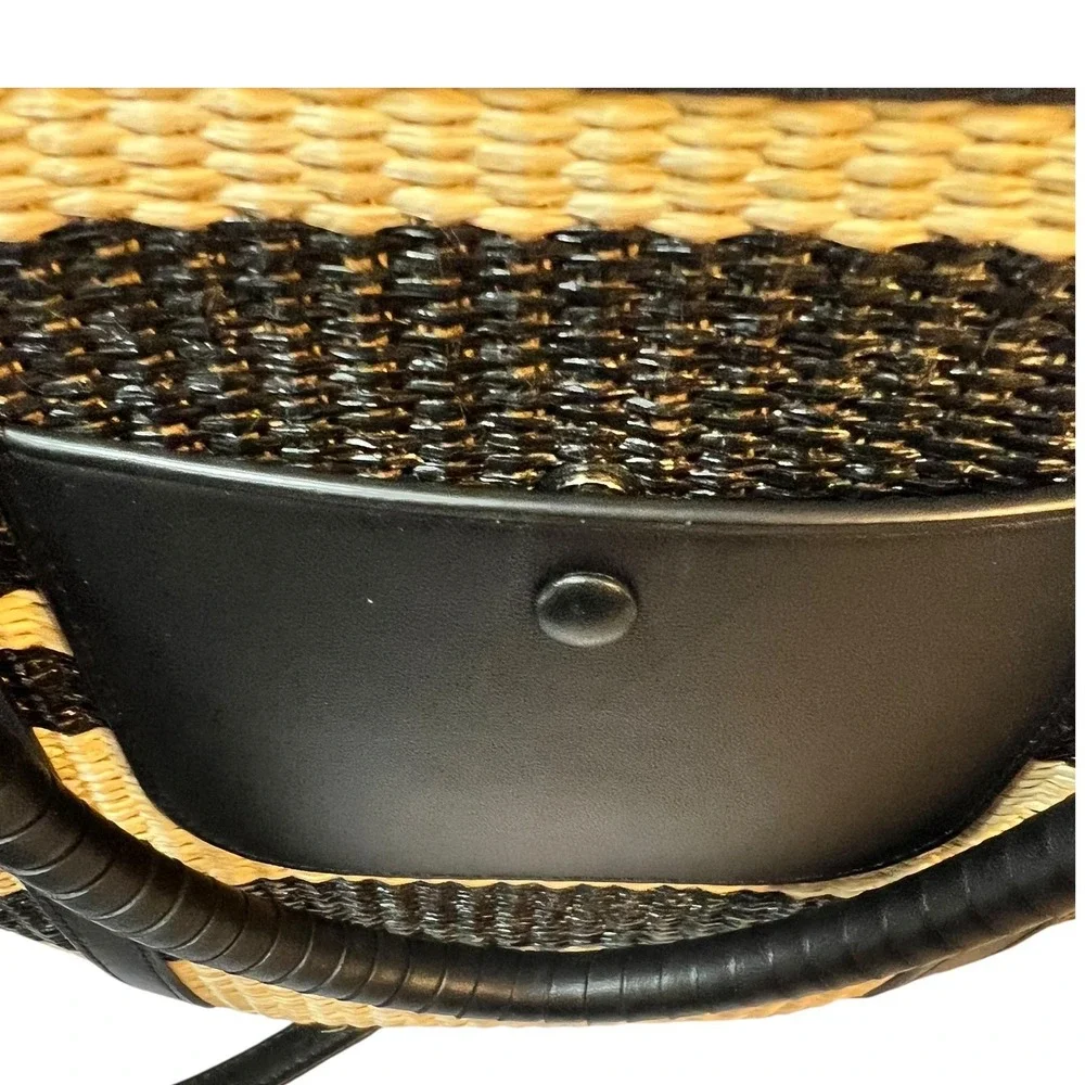 Kate Spade New York Striped Woven Straw Raffia Tote Shoulder Bag Black
